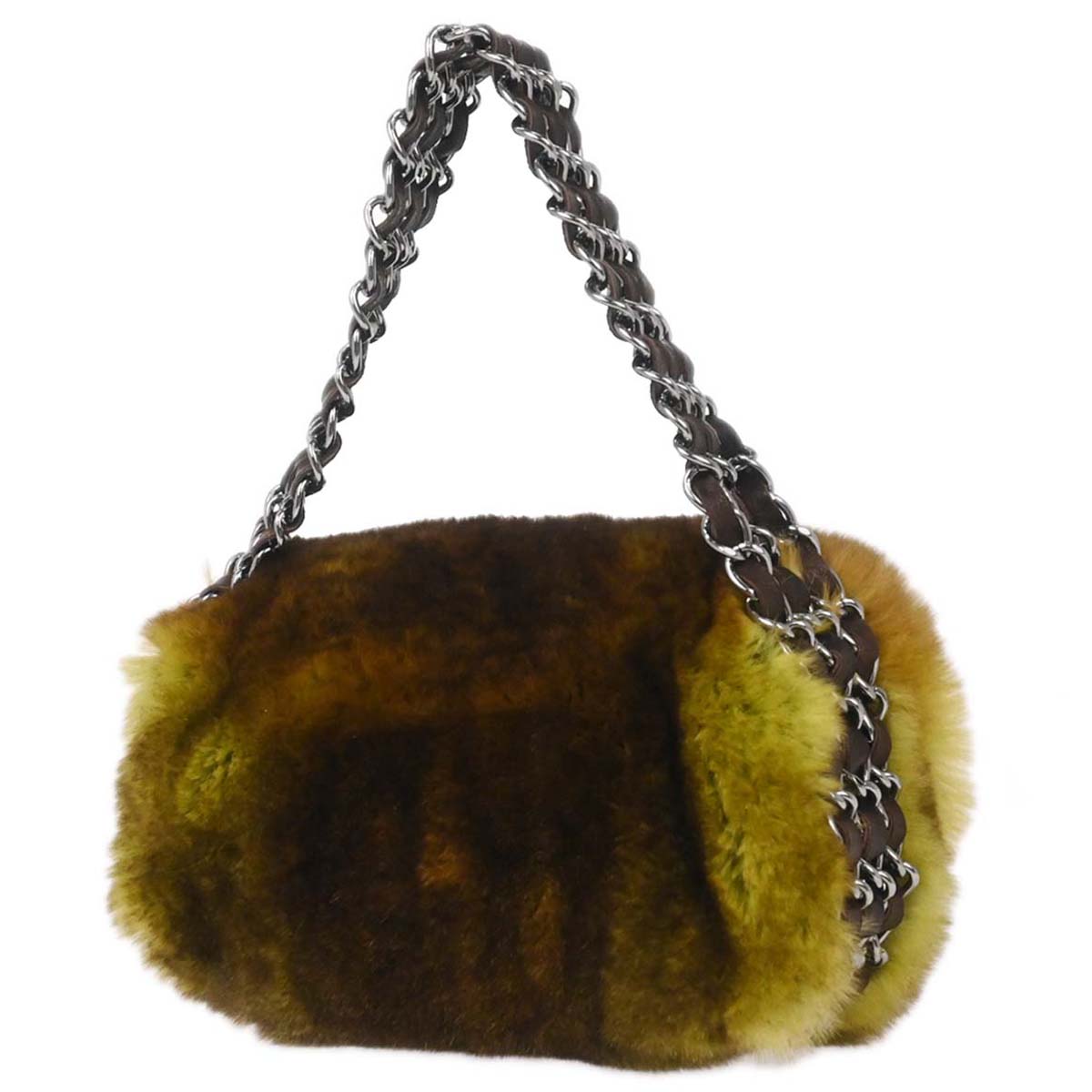 Chanel 2005-2006 Brown Green Lapin Fur Chain Handbag