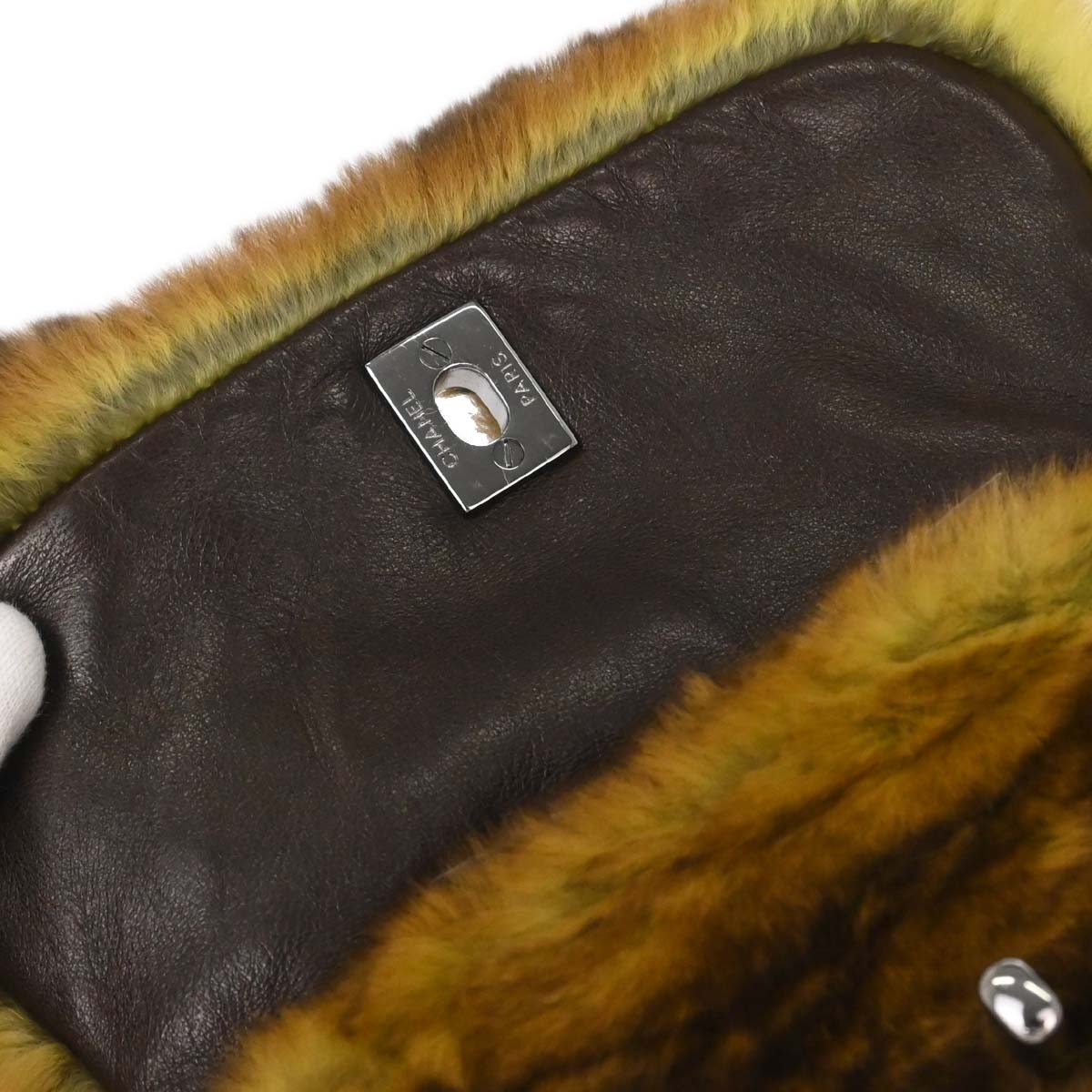 Chanel 2005-2006 Brown Green Lapin Fur Chain Handbag