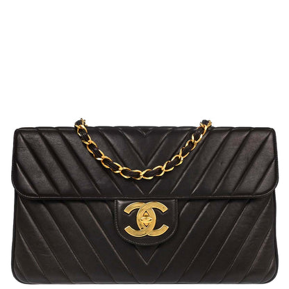 Chanel Black Lambskin Chevron Maxi Classic Flap Shoulder Bag