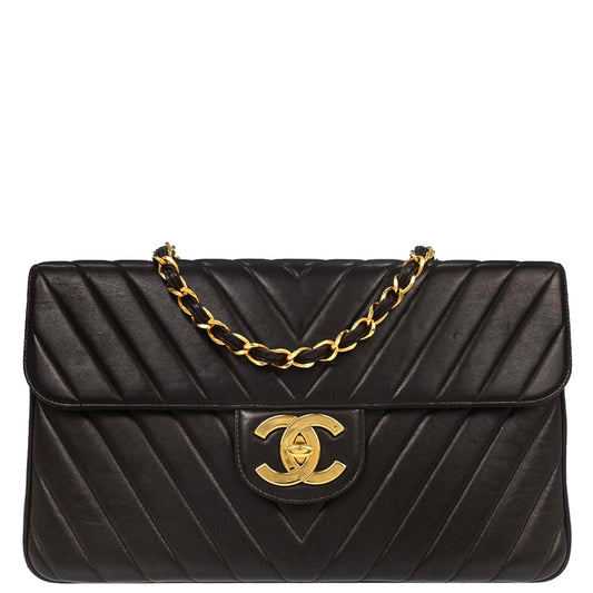 Chanel Black Lambskin Chevron Maxi Classic Flap Shoulder Bag