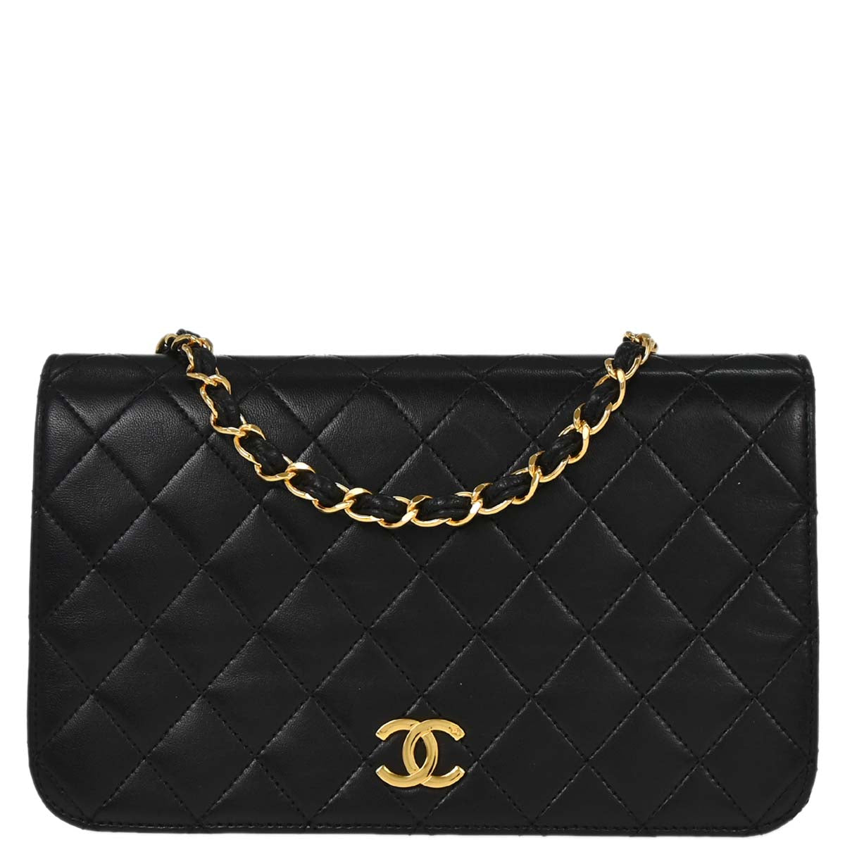 Chanel Black Lambskin Pushlock Small Full Flap Shoulder Bag