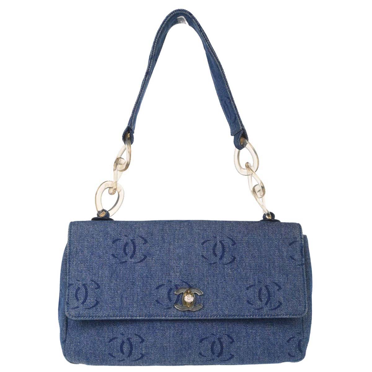 Chanel 2002-2003 Blue Denim Acrylic Chain Straight Flap Shoulder Bag