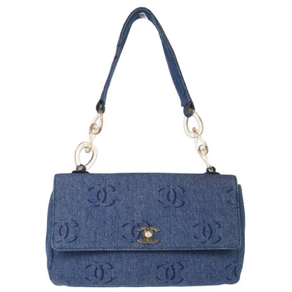 Chanel 2002-2003 Blue Denim Acrylic Chain Straight Flap Shoulder Bag