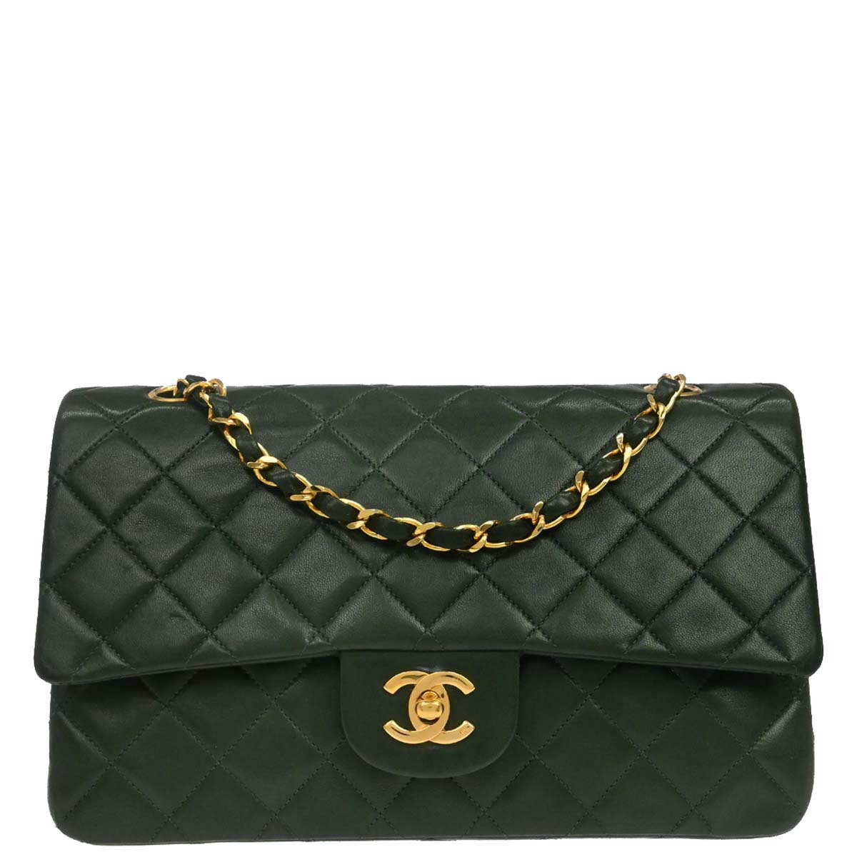 Chanel 1986-1988 Green Lambskin Medium Classic Double Flap Shoulder Bag