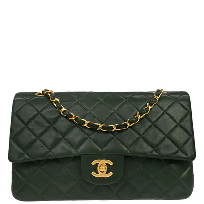 Chanel 1986-1988 Green Lambskin Medium Classic Double Flap Shoulder Bag