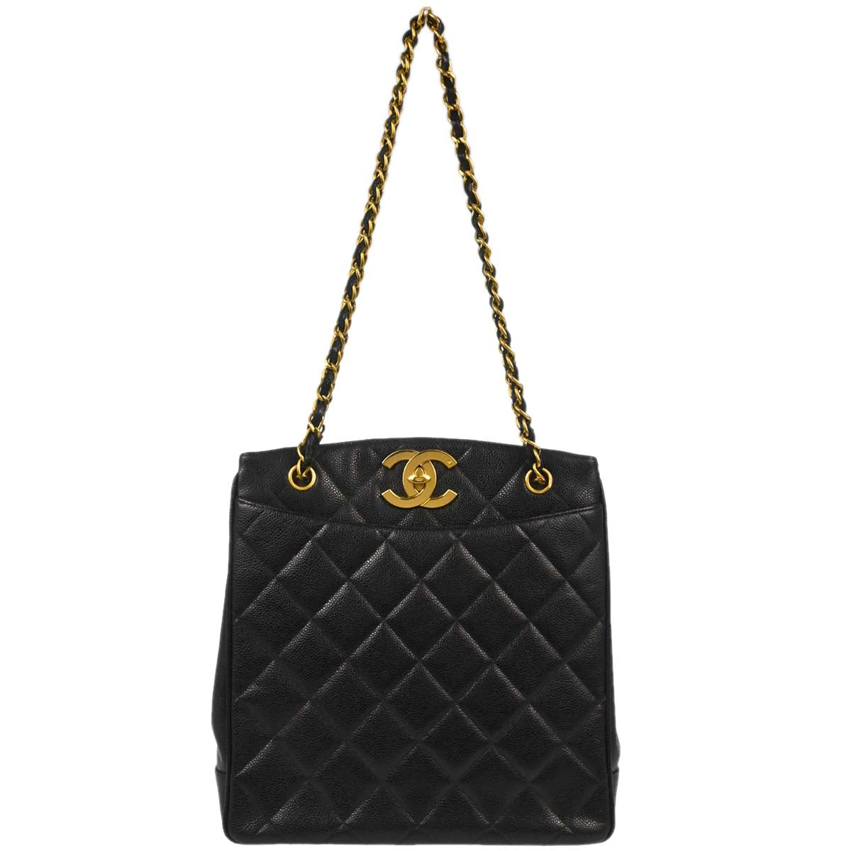 Chanel 1997-1999 Black Caviar Skin Chain Shoulder Tote Bag
