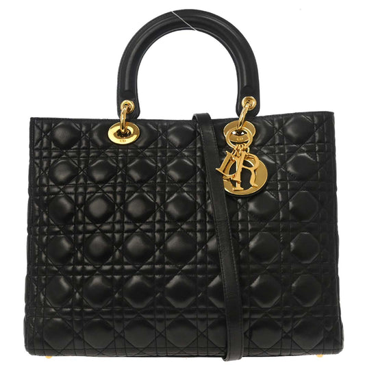 Christian Dior Black Lambskin Large Lady Dior Cannage 2way Shoulder Handbag