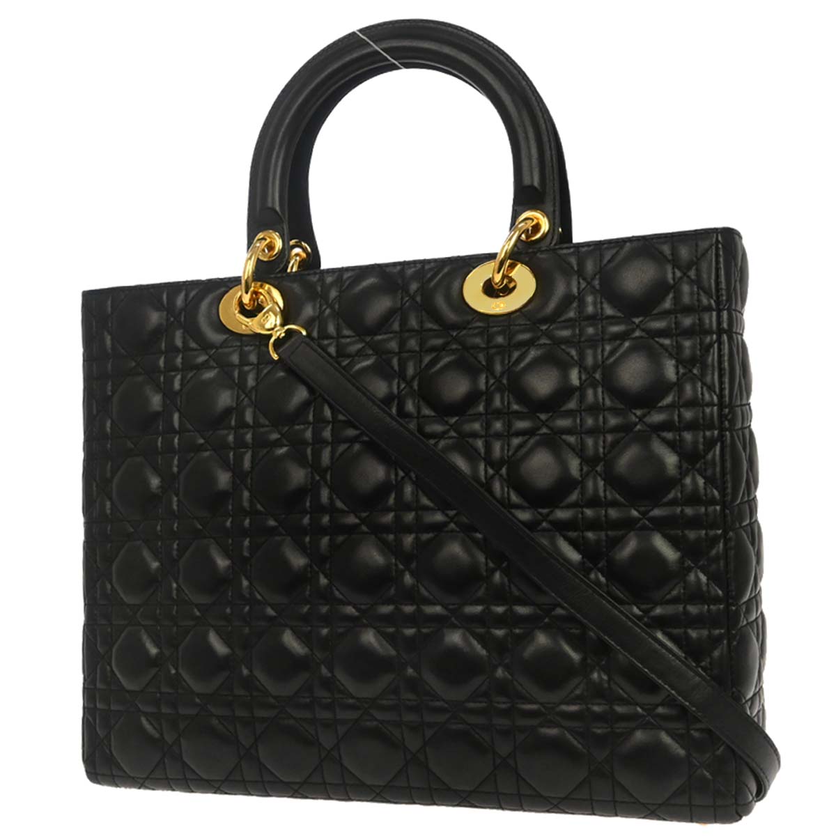 Christian Dior Black Lambskin Large Lady Dior Cannage 2way Shoulder Handbag