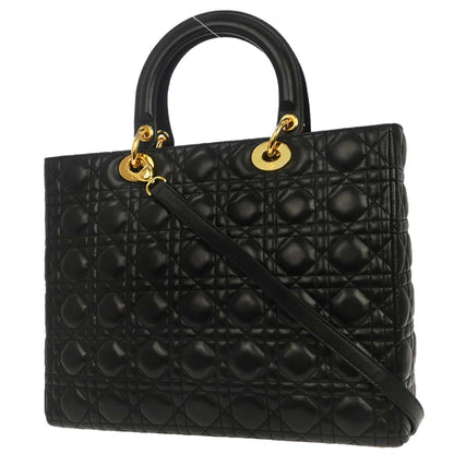 Christian Dior Black Lambskin Large Lady Dior Cannage 2way Shoulder Handbag