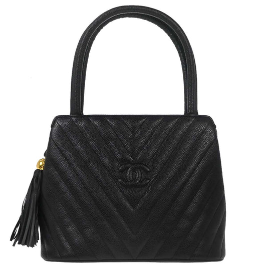 Chanel 1991-1994 Black Caviar Skin Chevron Handbag