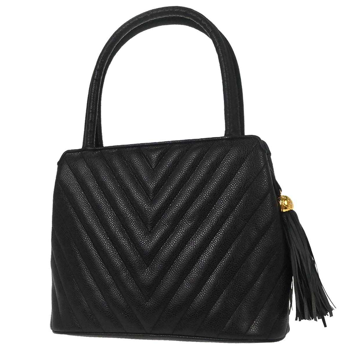 Chanel 1991-1994 Black Caviar Skin Chevron Handbag