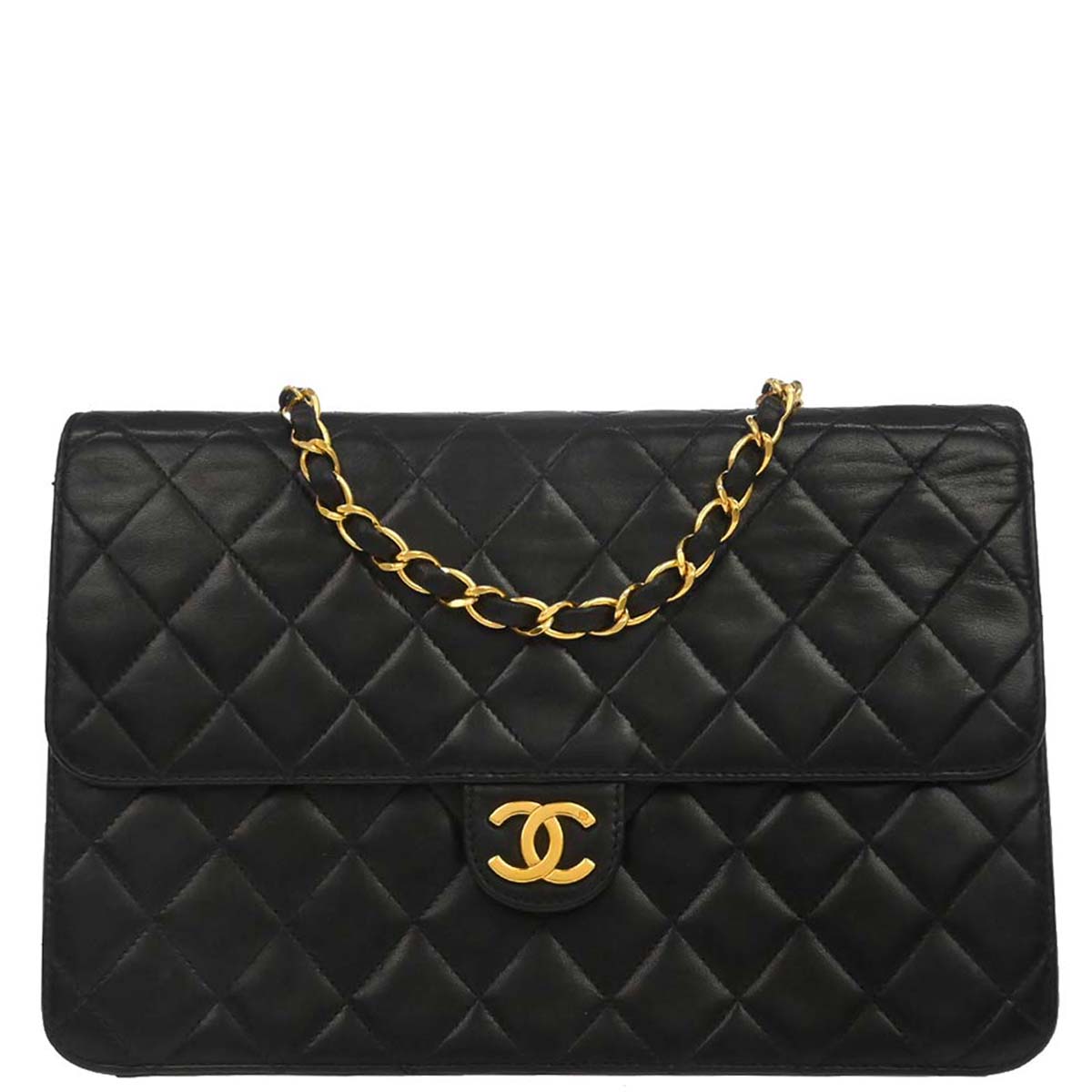 Chanel 1996-1997 Black Lambskin Pushlock Medium Half Flap Shoulder Bag