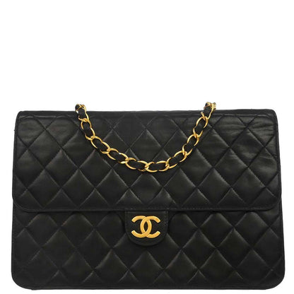 Chanel 1996-1997 Black Lambskin Pushlock Medium Half Flap Shoulder Bag