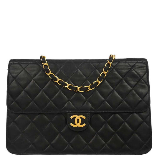 Chanel 1996-1997 Black Lambskin Pushlock Medium Half Flap Shoulder Bag