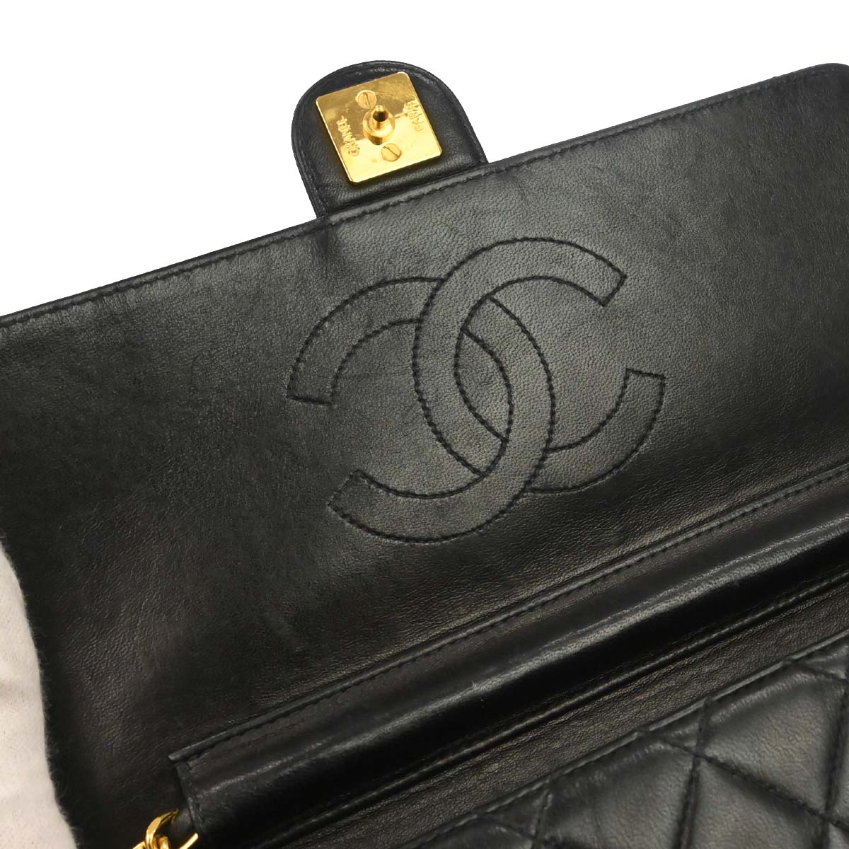 Chanel 1996-1997 Black Lambskin Pushlock Medium Half Flap Shoulder Bag