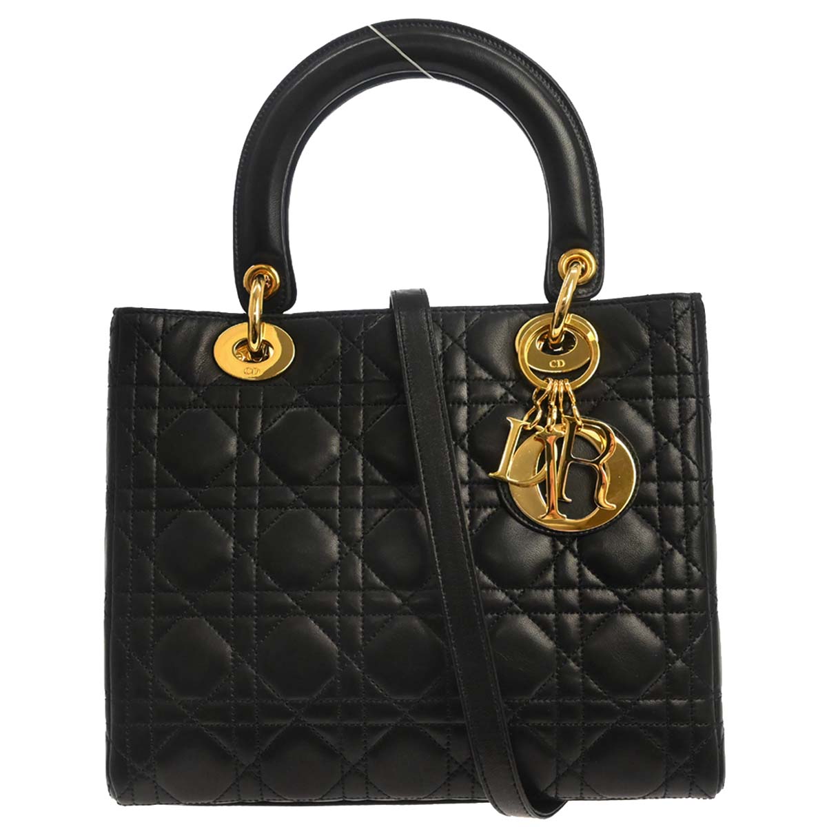 Christian Dior Black Lambskin Medium Lady Dior Cannage 2way Shoulder Handbag