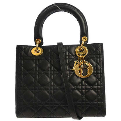 Christian Dior Black Lambskin Medium Lady Dior Cannage 2way Shoulder Handbag