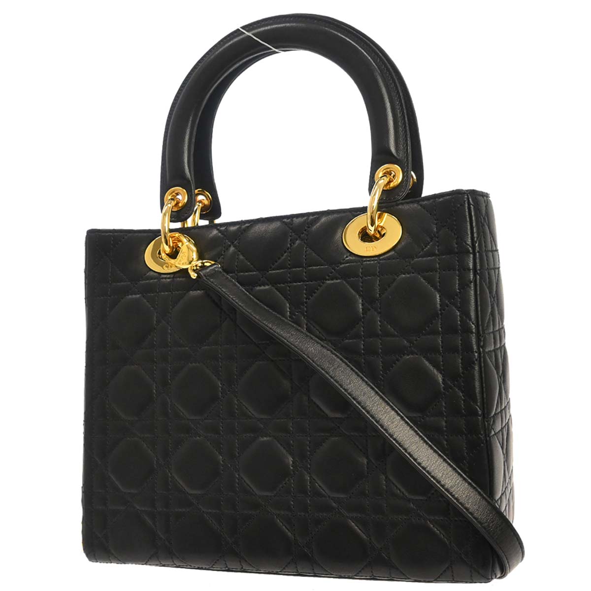 Christian Dior Black Lambskin Medium Lady Dior Cannage 2way Shoulder Handbag