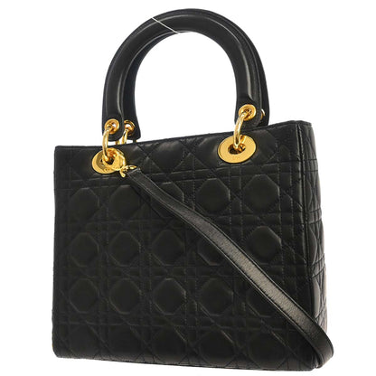 Christian Dior Black Lambskin Medium Lady Dior Cannage 2way Shoulder Handbag