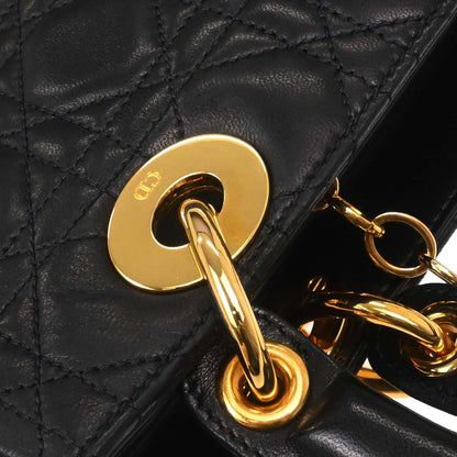 Christian Dior Black Lambskin Medium Lady Dior Cannage 2way Shoulder Handbag