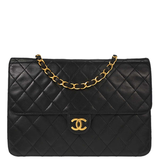 Chanel Black Lambskin Pushlock Medium Half Flap Shoulder Bag