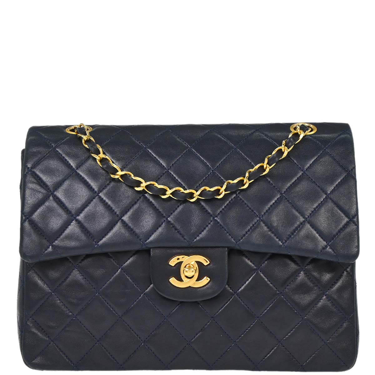 Chanel 1989-1991 Navy Lambskin Double Flap Medium Shoulder Bag