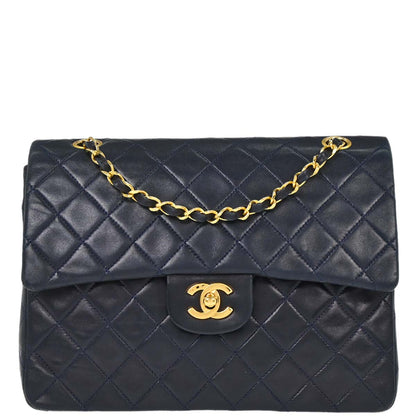 Chanel 1989-1991 Navy Lambskin Double Flap Medium Shoulder Bag