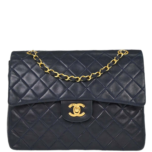 Chanel 1989-1991 Navy Lambskin Double Flap Medium Shoulder Bag