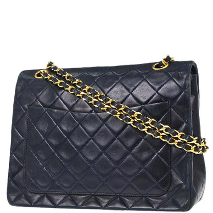 Chanel 1989-1991 Navy Lambskin Double Flap Medium Shoulder Bag
