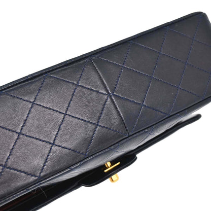 Chanel 1989-1991 Navy Lambskin Double Flap Medium Shoulder Bag