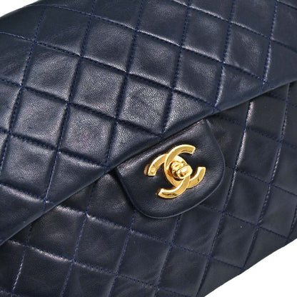 Chanel 1989-1991 Navy Lambskin Double Flap Medium Shoulder Bag