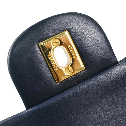 Chanel 1989-1991 Navy Lambskin Double Flap Medium Shoulder Bag