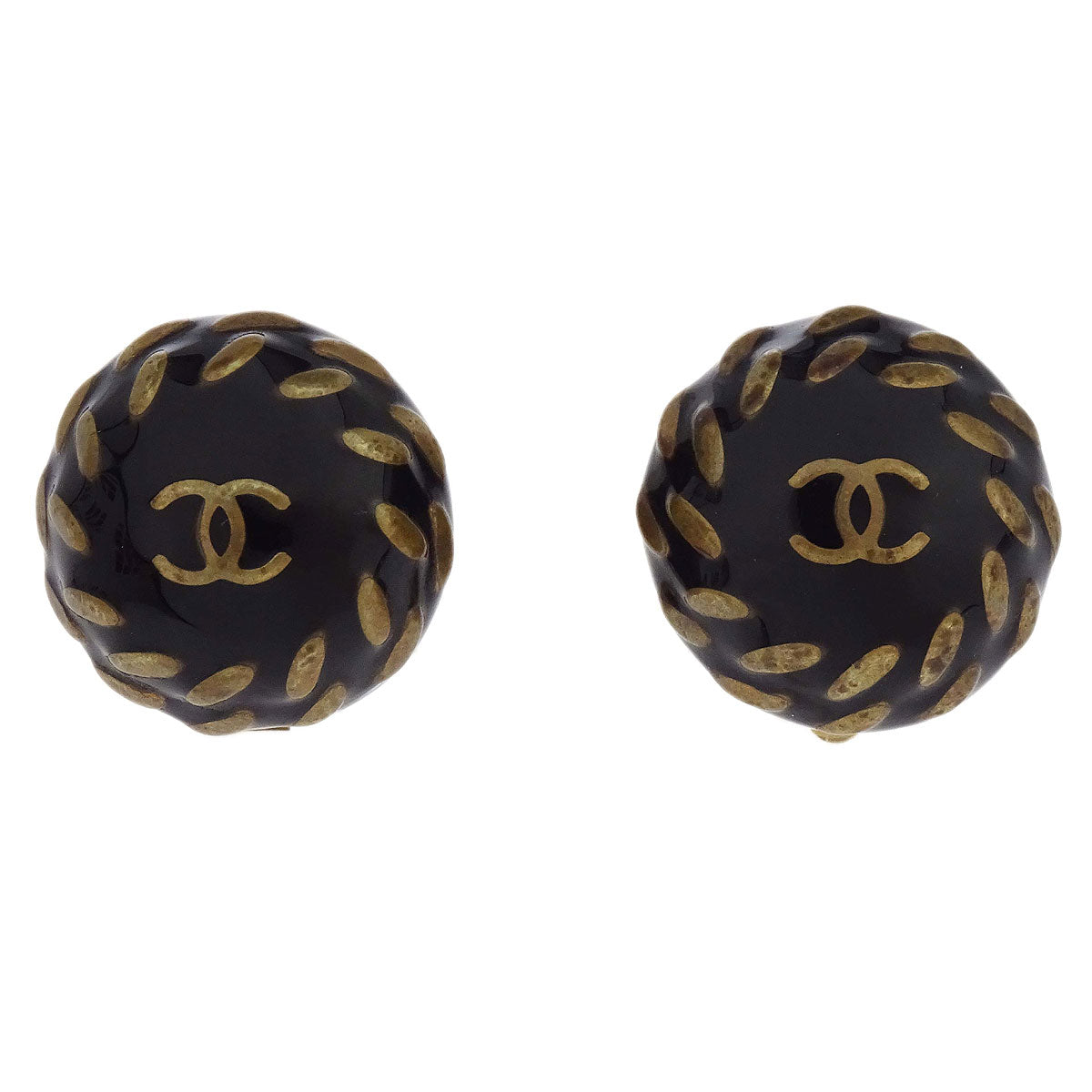 Chanel Button Clip-On Earrings Gold Black 97A