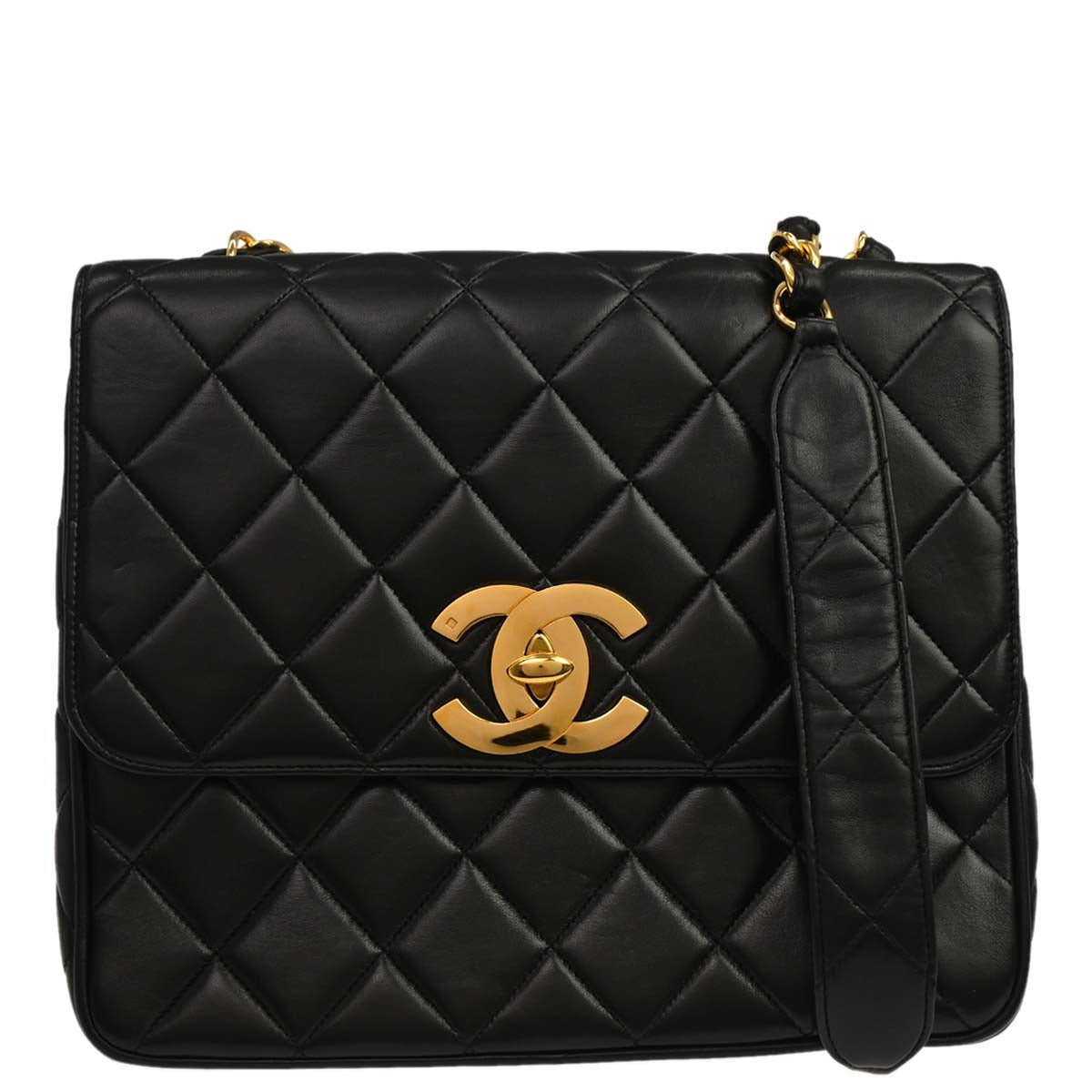 Chanel Black Lambskin Straight Flap Shoulder Bag