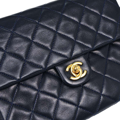 Chanel 1989-1991 Navy Lambskin Classic Square Flap Shoulder Bag 20