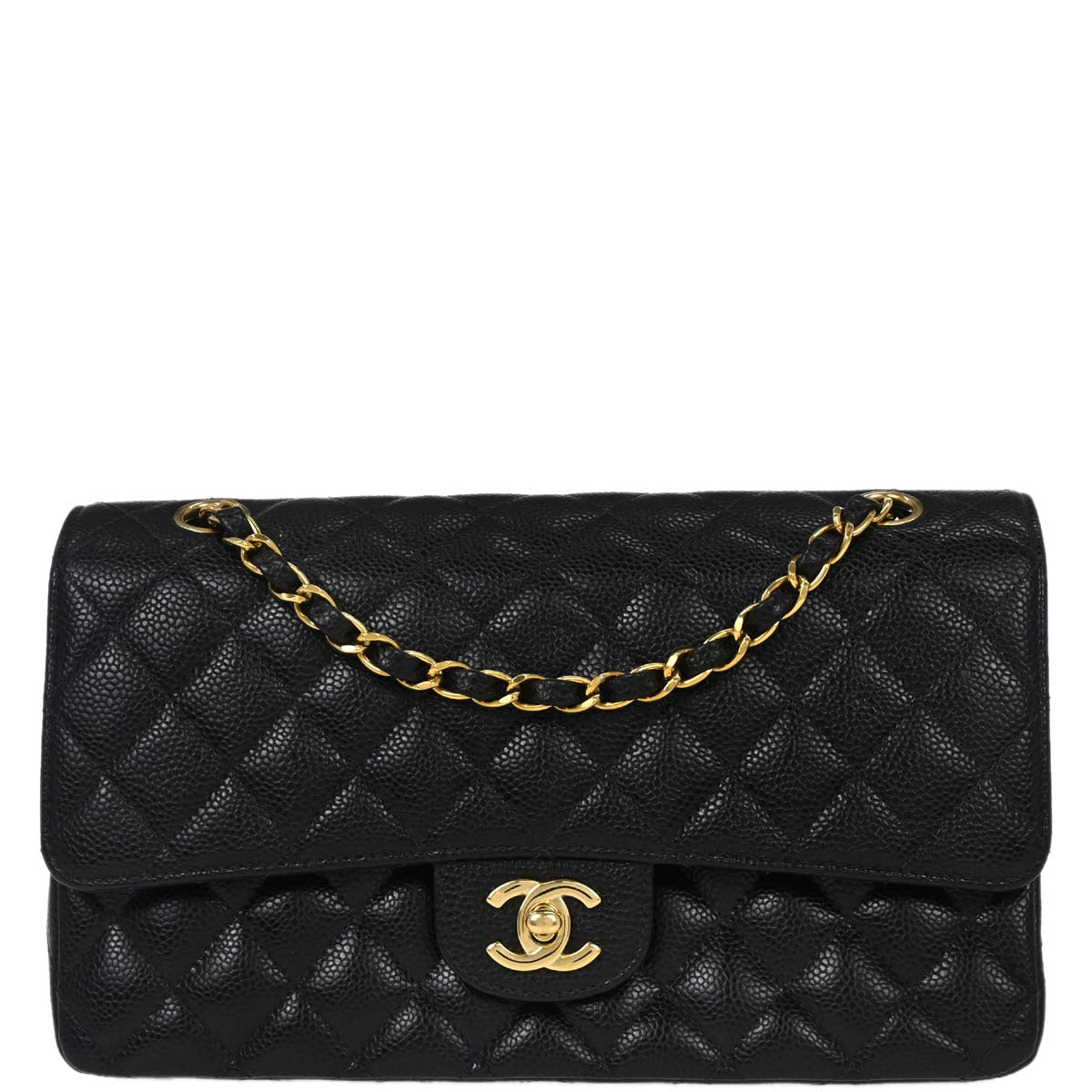 Chanel 2003-2004 Black Caviar Skin Medium Classic Double Flap Shoulder Bag