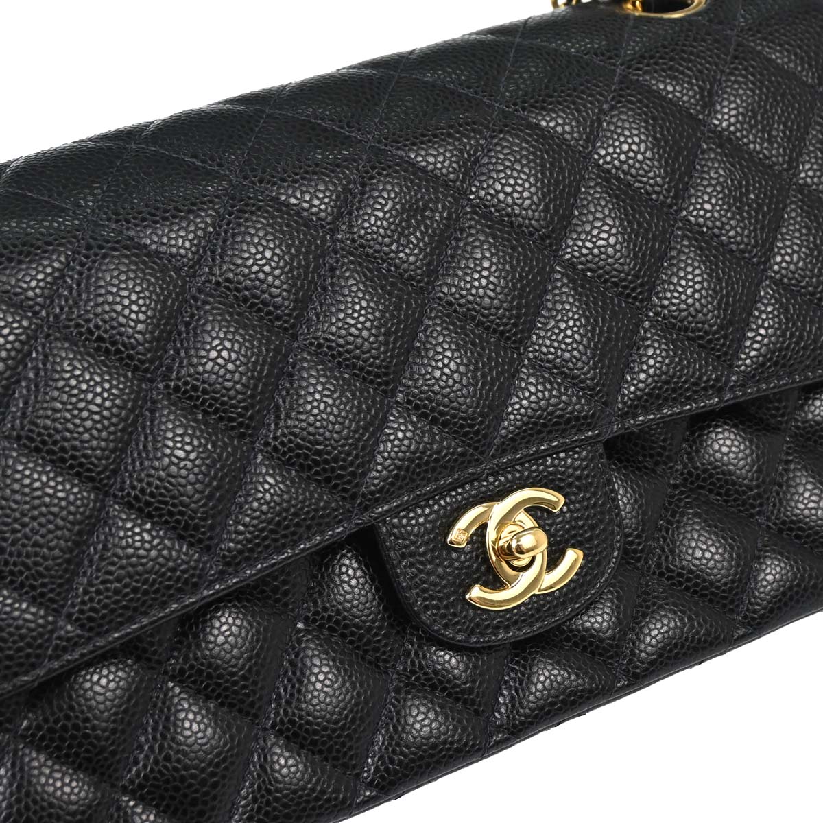 Chanel 2003-2004 Black Caviar Skin Medium Classic Double Flap Shoulder Bag