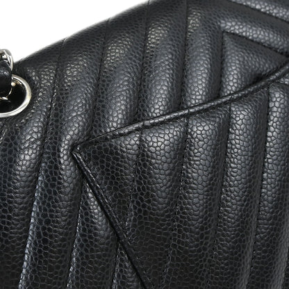 Chanel Black Caviar Skin Chevron Medium Classic Double Flap Shoulder Bag