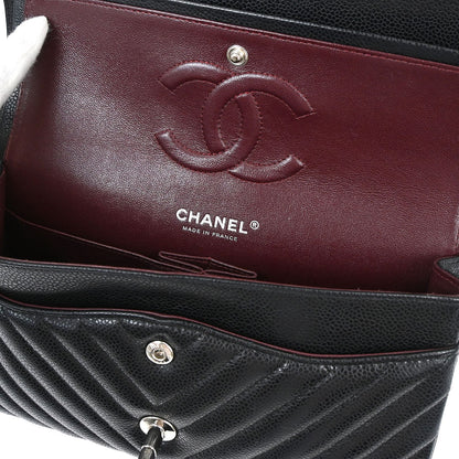 Chanel Black Caviar Skin Chevron Medium Classic Double Flap Shoulder Bag
