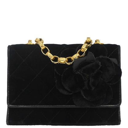 Chanel Black Velvet Camellia Shoulder Bag