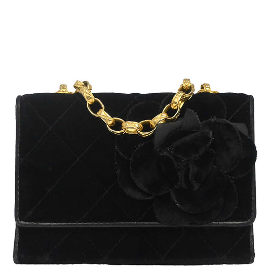 Chanel Black Velvet Camellia Shoulder Bag