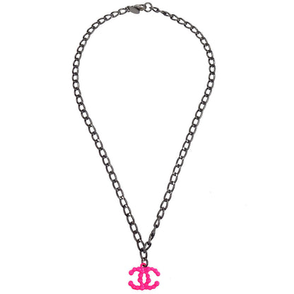 Chanel CC Chain Necklace Silver Pink 04A