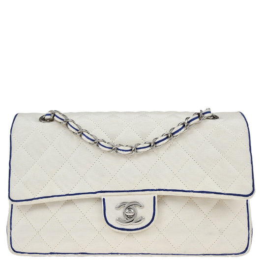 Chanel 2014 White Canvas Medium Classic Double Flap Shoulder Bag