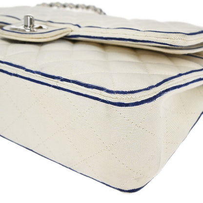 Chanel 2014 White Canvas Medium Classic Double Flap Shoulder Bag