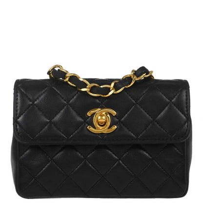 Chanel 1989-1991 Black Lambskin Straight Flap Shoulder Bag