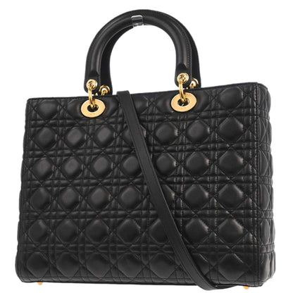 Christian Dior Black Lambskin Large Lady Dior Cannage 2way Shoulder Handbag