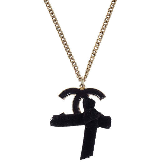 Chanel Gold Black CC Bow Pendant Necklace 07C