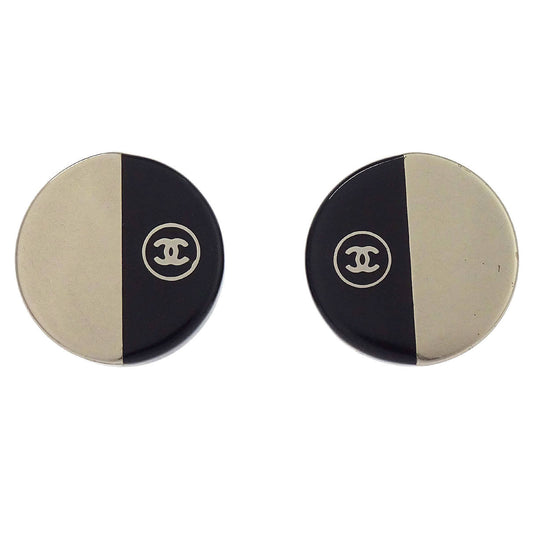 Chanel Button Clip-On Earrings Silver Black 00A