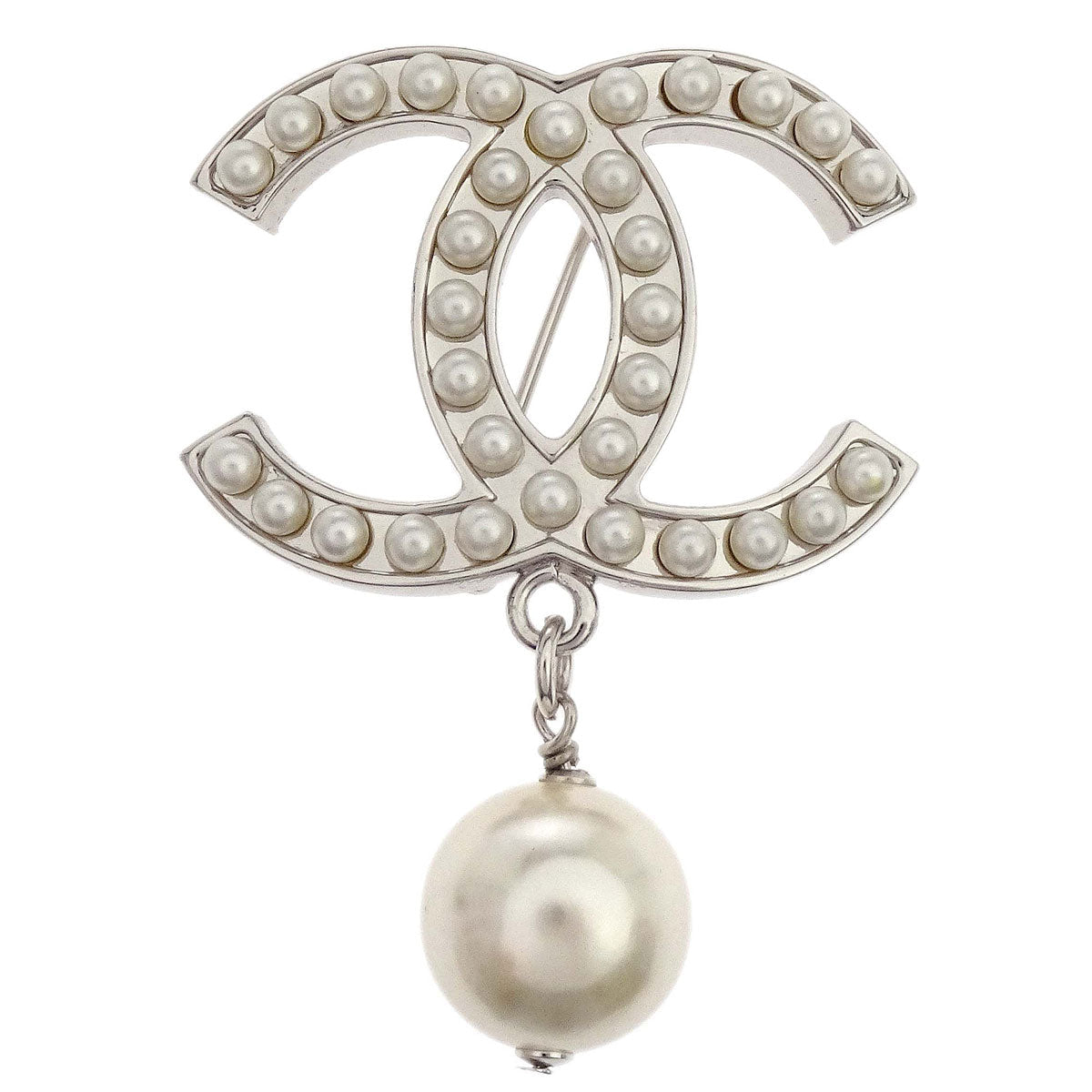 Chanel CC Costume Pearl Brooch Pin Silver 05V
