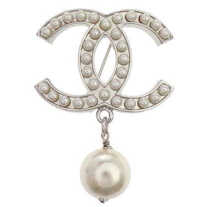 Chanel CC Costume Pearl Brooch Pin Silver 05V